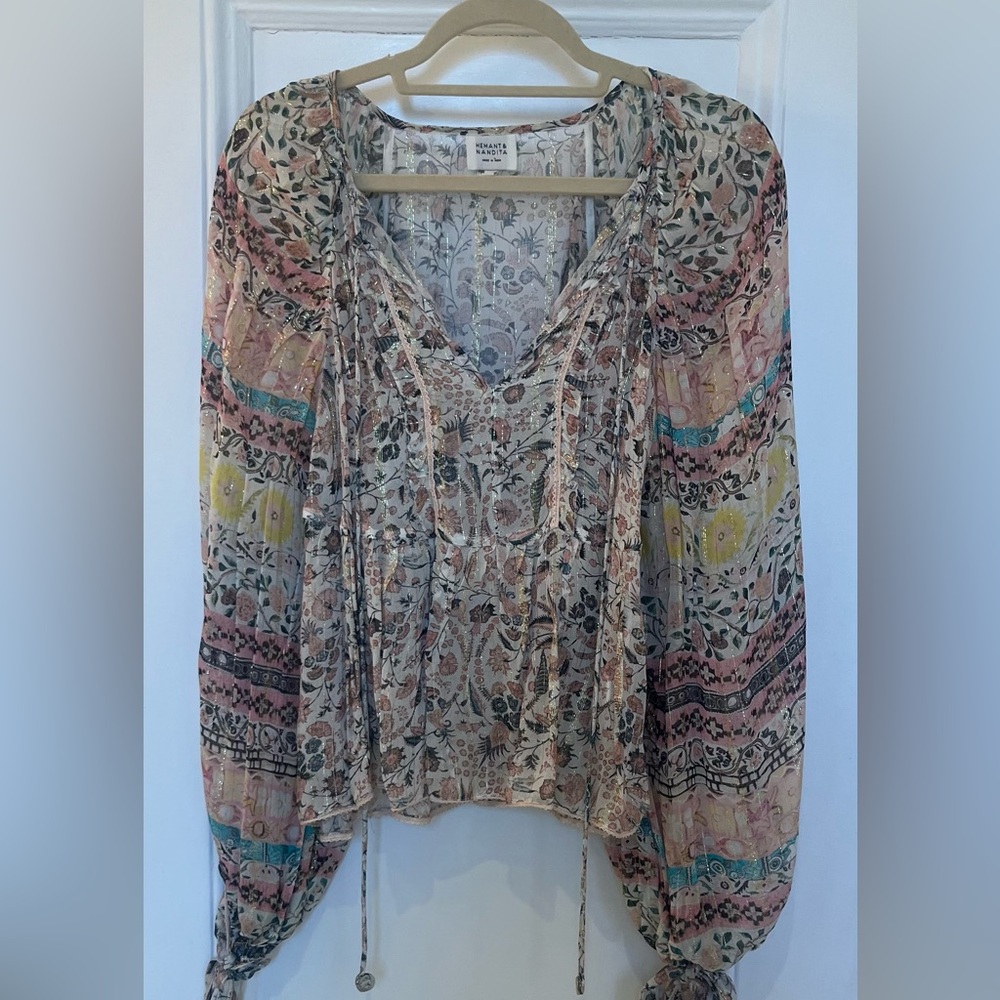 Sheer Floral Peasant Blouse - Multicolor